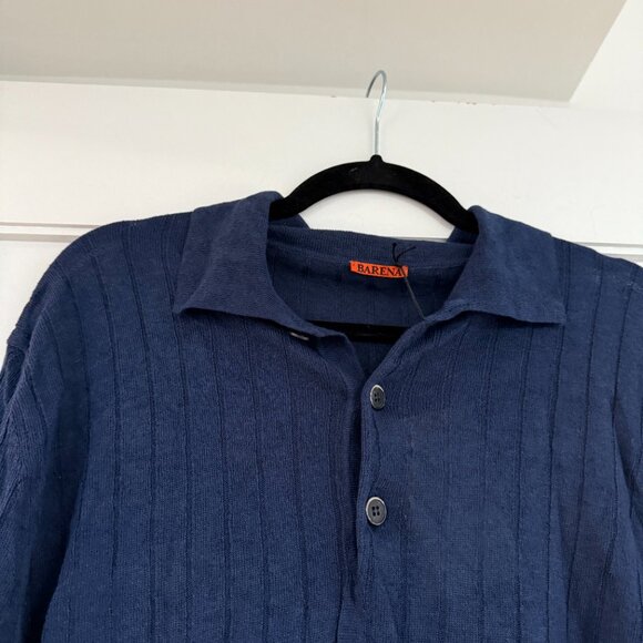 NWT Barena Marco Polo Shirt Ribbed Knit Short Sleeve Navy Linen Blend Sz XL - Picture 5 of 9